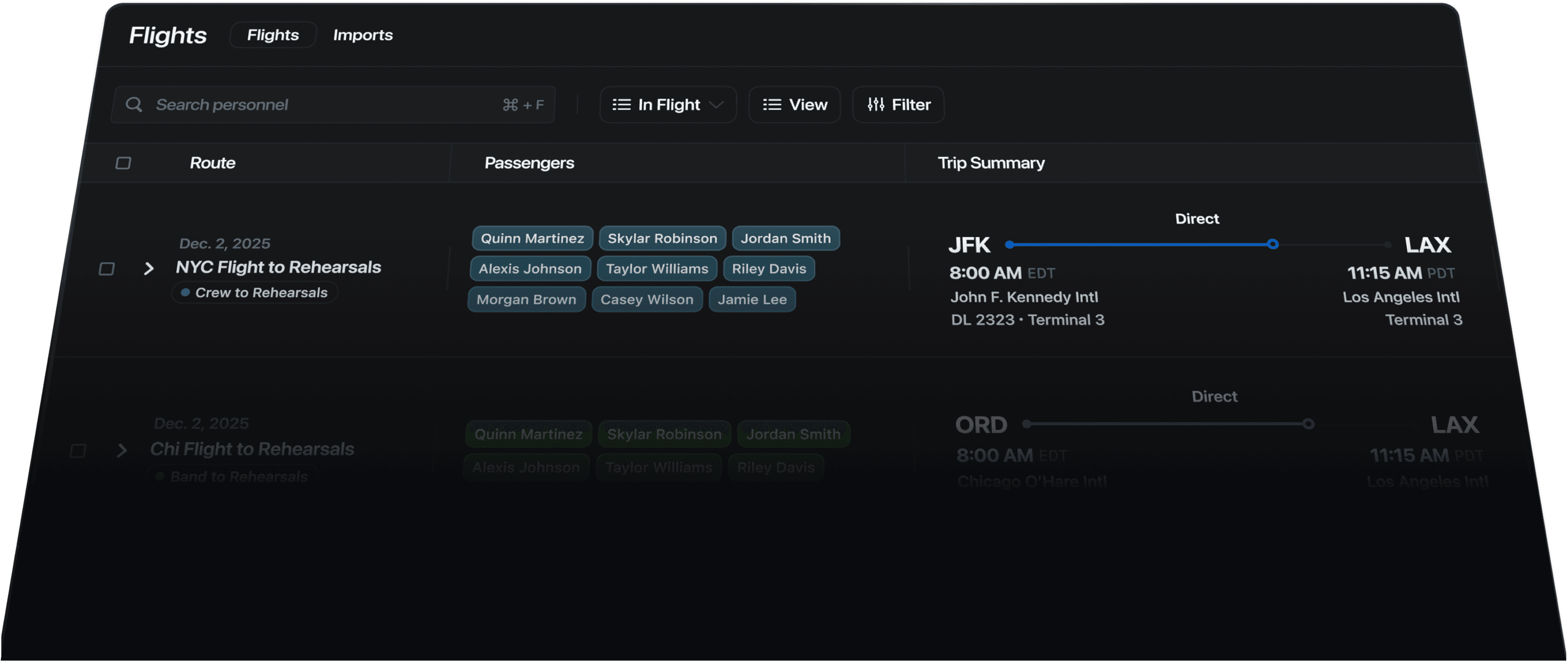 Flight Grid Dashboard showing departure times, airports, and flight details